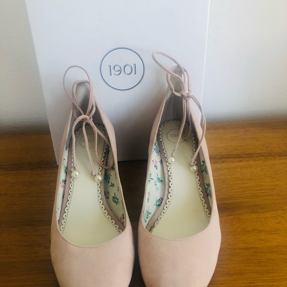 Nordstrom 1901 Blush Heels w/Pearl Ankle Tie